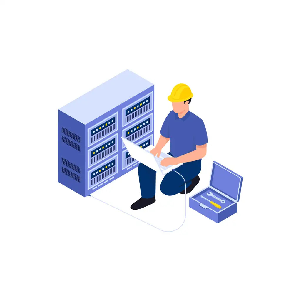 Illustration of a technician maintaining server hardware with a laptop.