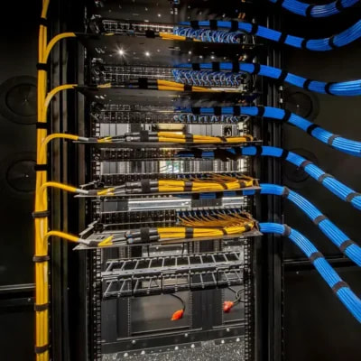 Server rack with network switches and organized fiber optic cabling.