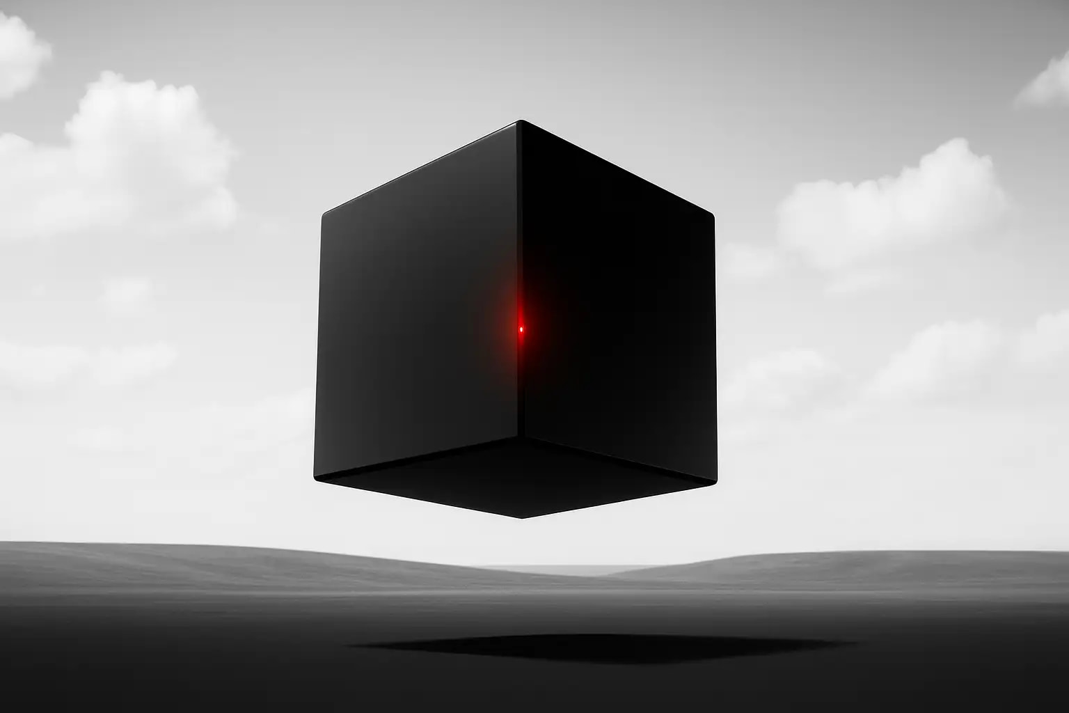 Cube made of obsidian with an ember-glowing core, floating in field. The image is surreal